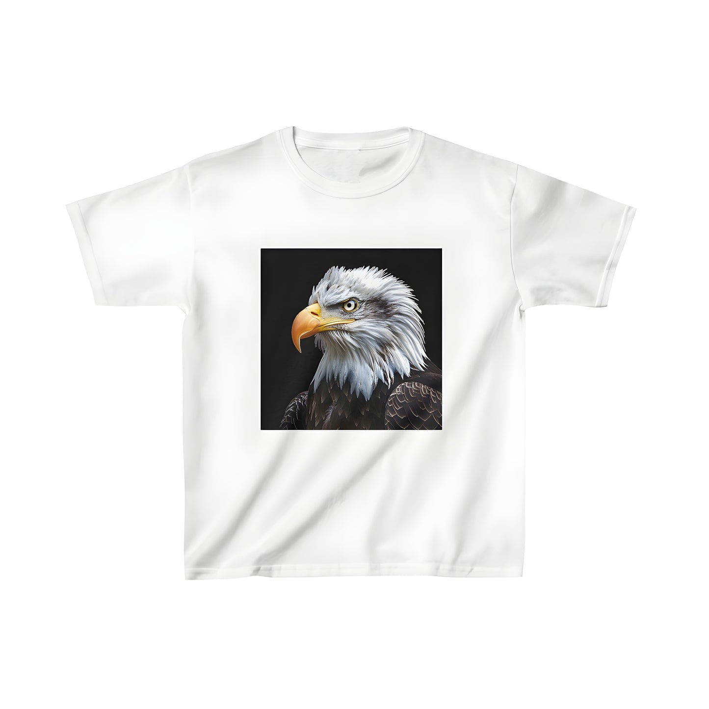 Kid's T-shirt featuring an American eagle design, showcasing its majestic yellow beak and vibrant plumage