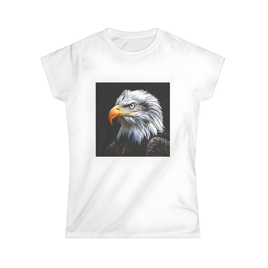 Women's T-shirt featuring a colorful close-up of an American eagle's sharp yellow beak and striking plumage on a comfortable casual tee