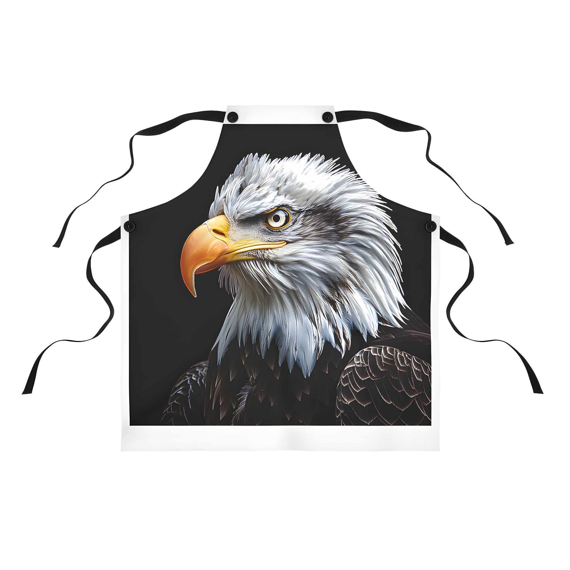 Detailed close-up photo of an American eagle apron with vibrant feathers and sharp yellow beak