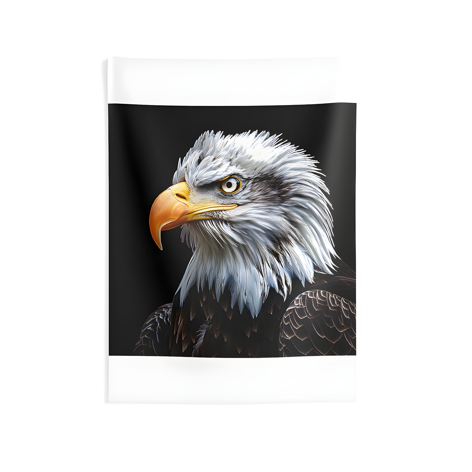 Colorful indoor wall tapestry featuring a detailed close-up of an American bird eagle with sharp yellow beak and striking plumage, perfect for home decor