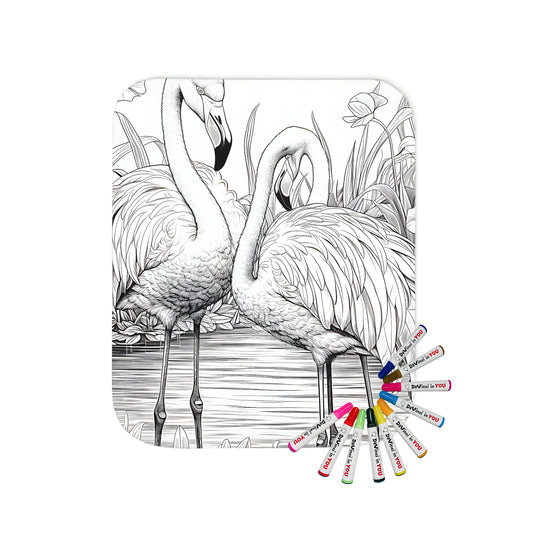 Colorful flamingo themed blanket featuring two birds standing in a pond surrounded by flowers and plants