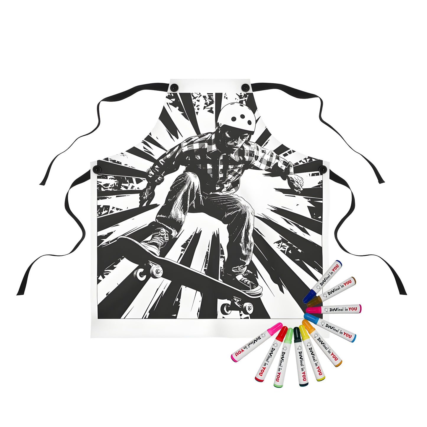 Apron featuring a vibrant coloring page design of a skateboarder in mid-air, wearing a helmet and flannel shirt, on a dynamic black and white background with explosive artwork, perfect for skate enthusiasts