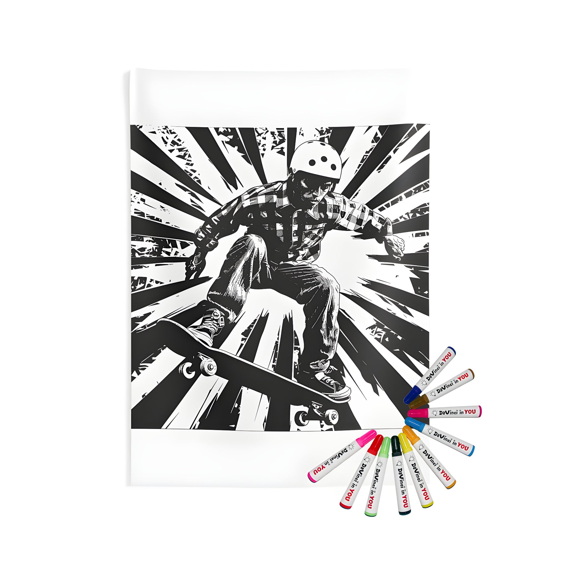 Indoor wall tapestries design featuring a skateboarder in mid-air, wearing a helmet and flannel shirt, amidst an explosive black and white background. Perfect for fans of extreme sports.