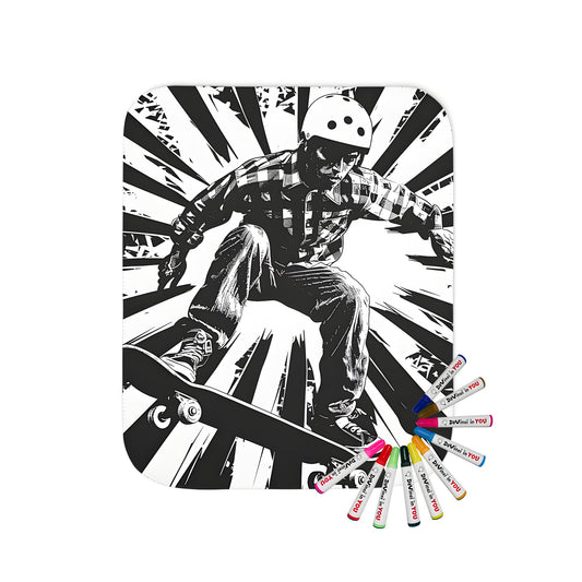 A blanket featuring a vibrant skateboarding themed artwork of a skateboarder in mid-air, wearing a helmet and flannel shirt, set against an explosive black and white background