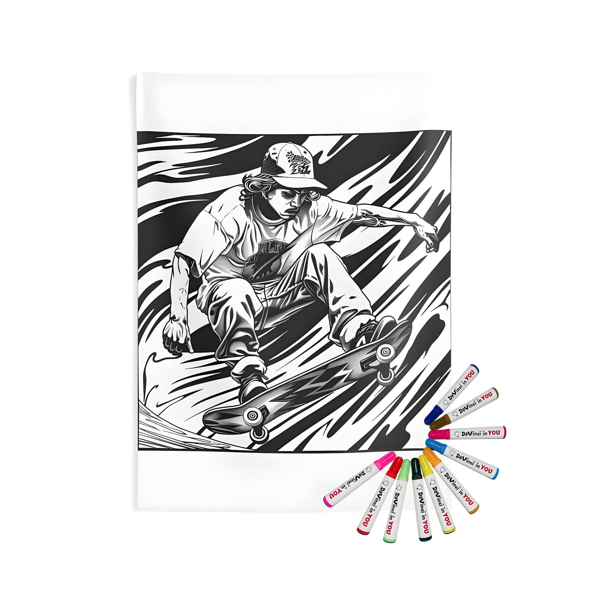 Indoor wall tapestry of a detailed black-and-white illustration of a skater performing a trick, surrounded by elements of street culture and action-packed moments, perfect for a skating enthusiast's room