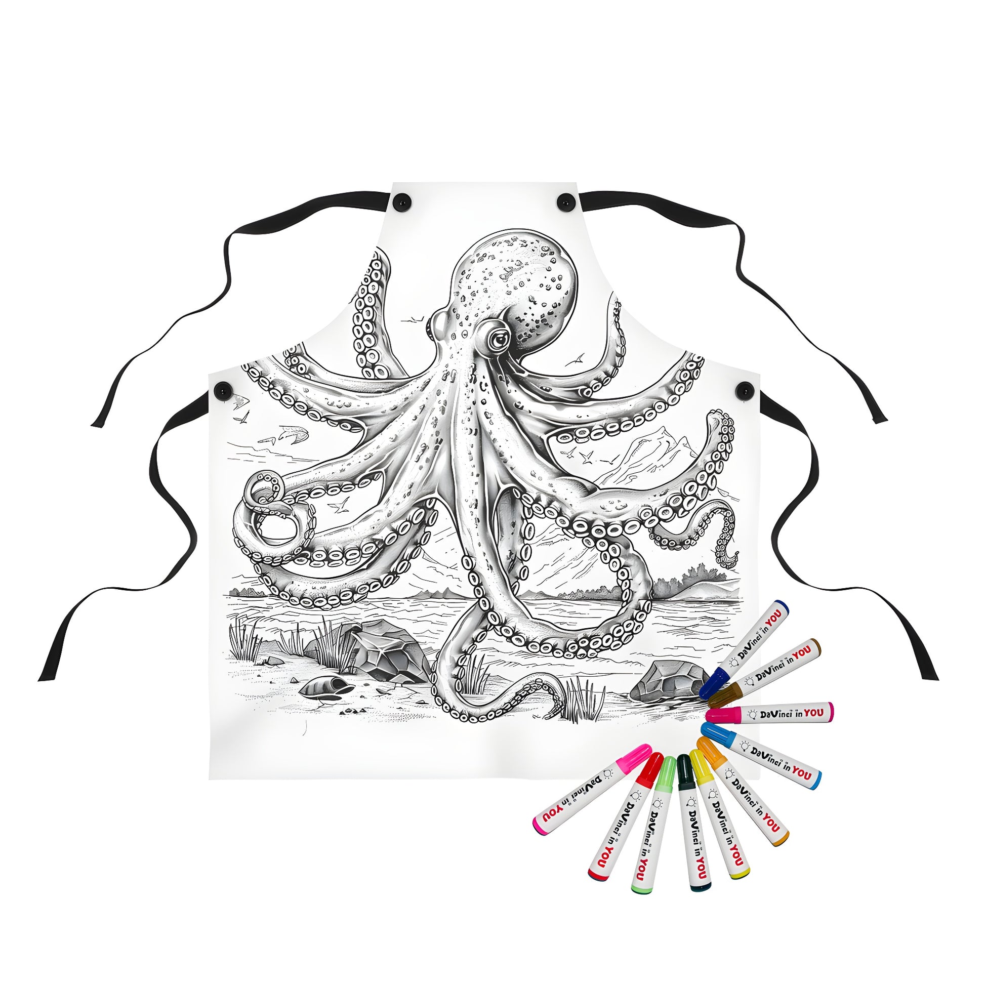 Coloring apron featuring an octopus illustration with extended tentacles, set against a marine background, perfect for kids and adults alike to color