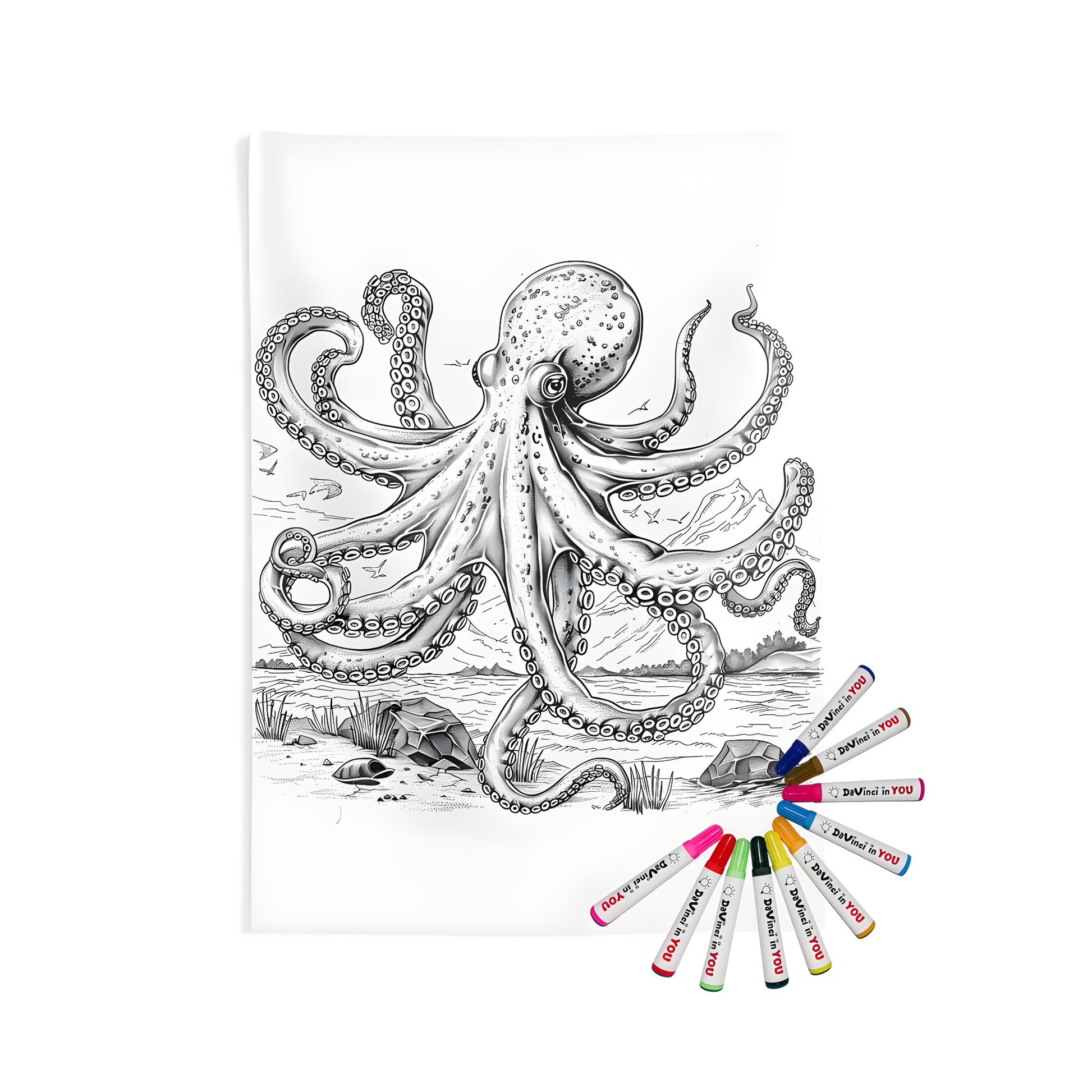 Coloring kit with an indoor wall tapestry featuring a cephalopod, squid-like creature and marine scene for adults