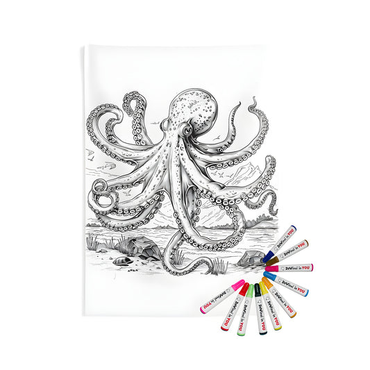 Coloring kit with an indoor wall tapestry featuring a cephalopod, squid-like creature and marine scene for adults