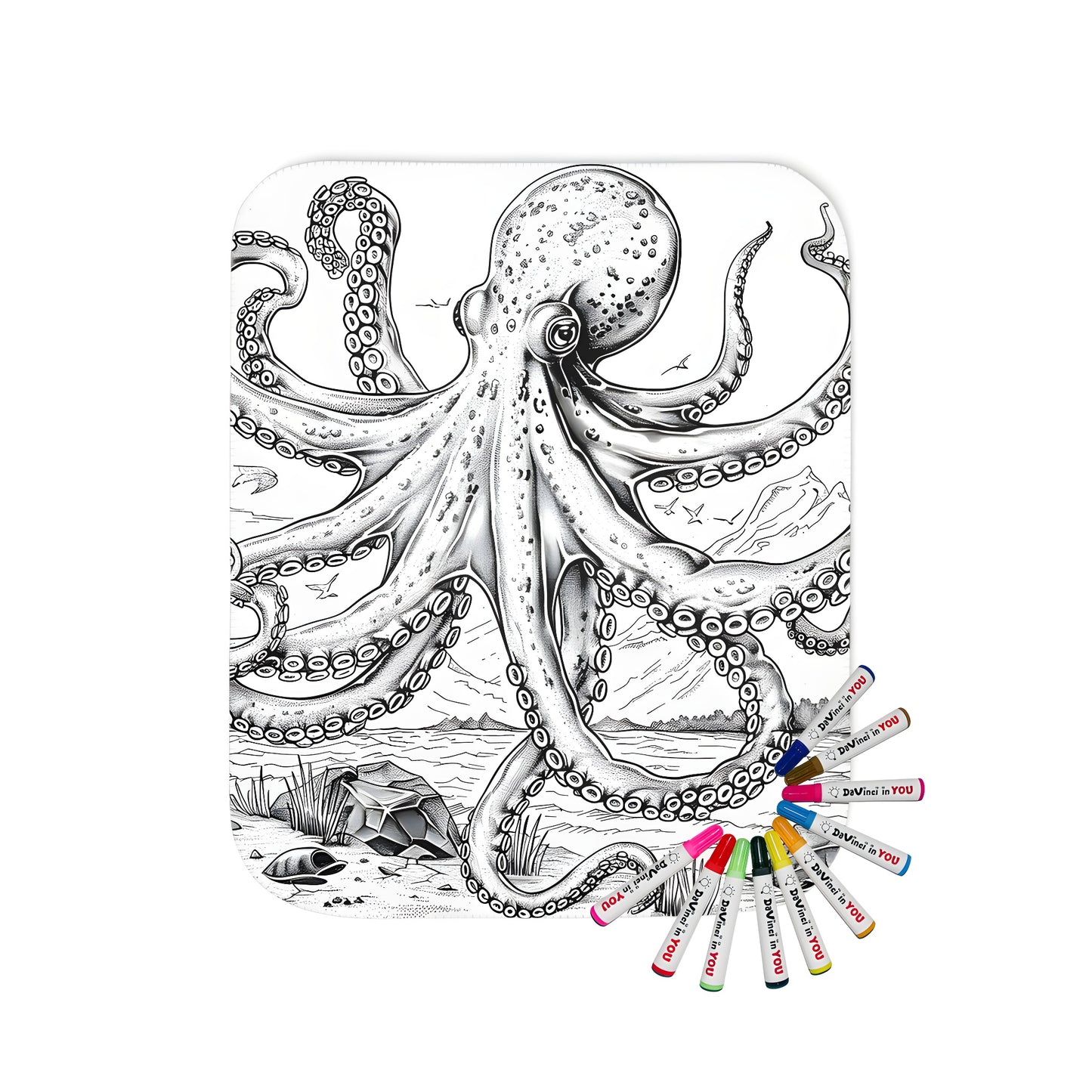 Coloring blanket with octopus design featuring tentacles and a marine backdrop