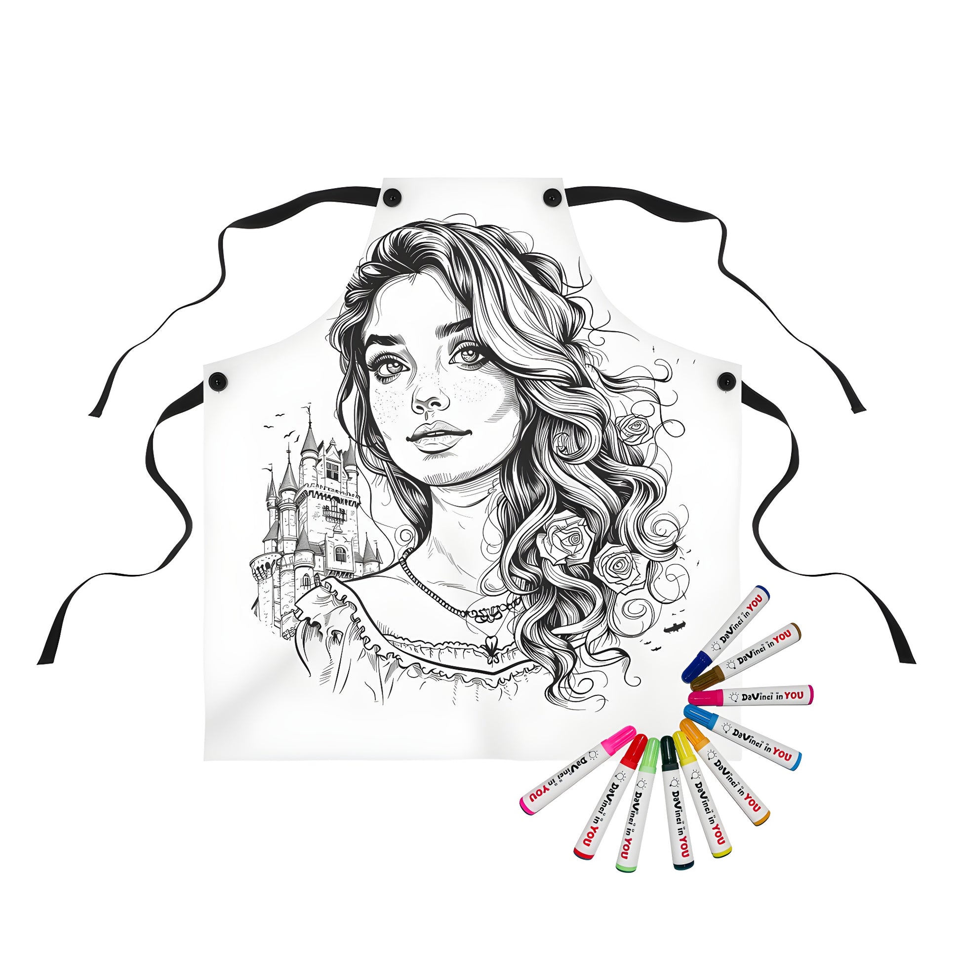 Apron featuring Black and white illustration of princess with curly hair and roses