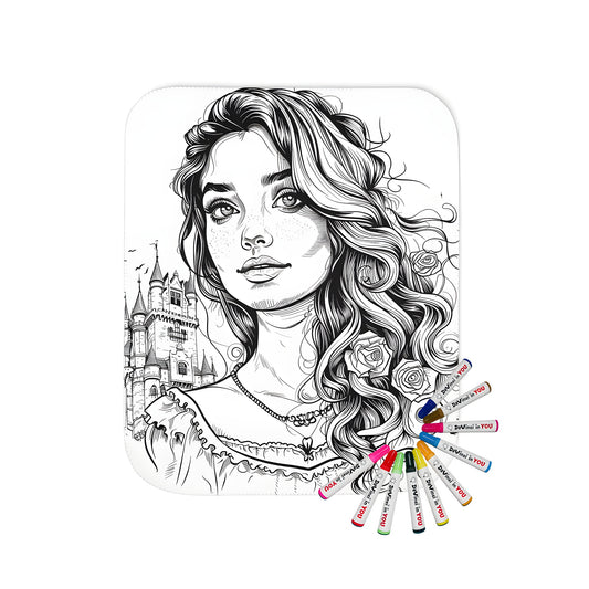 Blanket with royal portrait illustration of princess with curly hair and roses on black and white medieval castle background