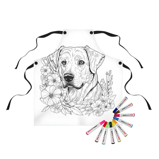 Coloring Apron with Dog in Floral Design, Dog with Flowers on Apron