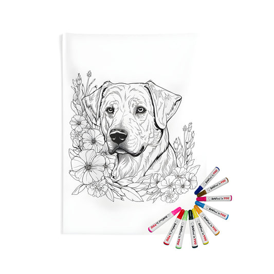 Dog in floral wall tapestry with colorful markers