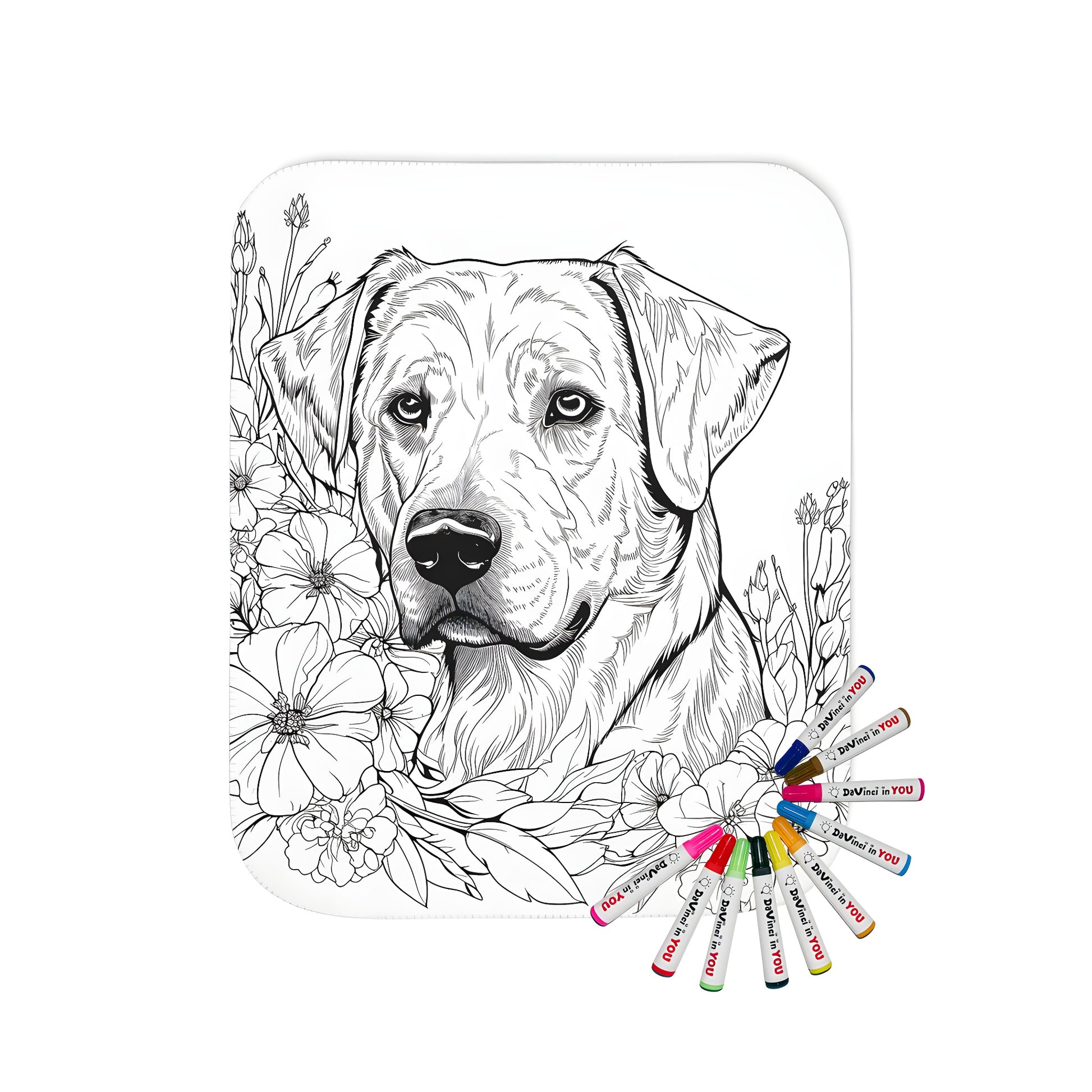 Cozy blanket featuring a detailed line art image of a dog's head surrounded by flowers and foliage