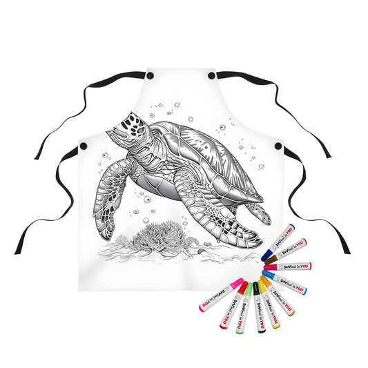 Coloring apron featuring an detailed black and white illustration of a sea turtle swimming near coral and surrounded by bubbles. Perfect for kids who love ocean creatures like green turtles or marine turtles.