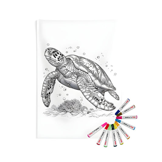 Detailed illustration of a sea turtle, marine turtle, or green turtle near coral and surrounded by bubbles on an indoor wall tapestry background.