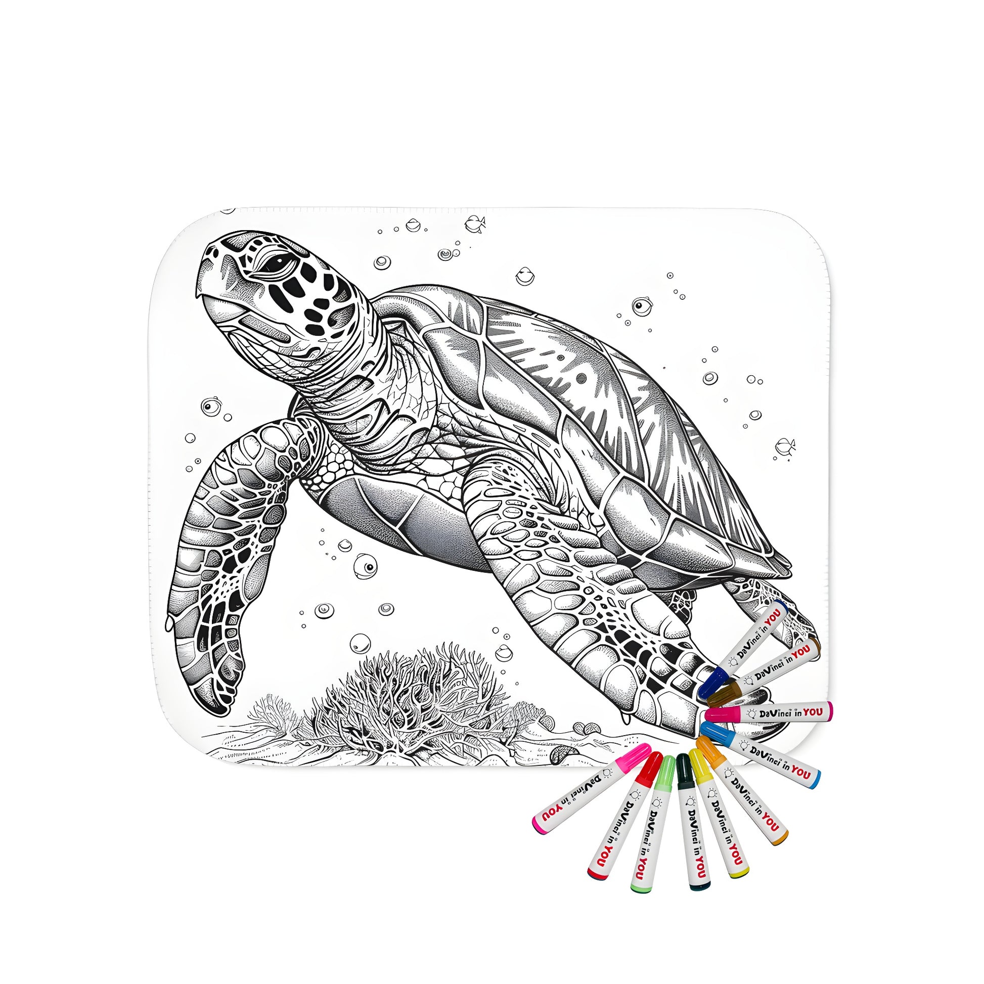 Detailed illustration of a green turtle, box turtle, or marine turtle blanket with coral and bubble design