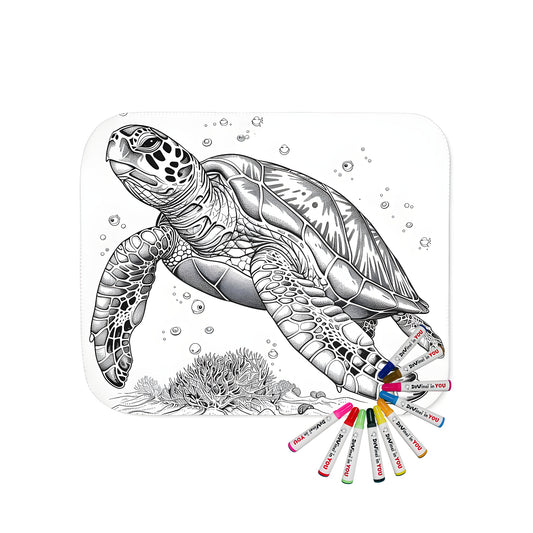 Detailed illustration of a green turtle, box turtle, or marine turtle blanket with coral and bubble design