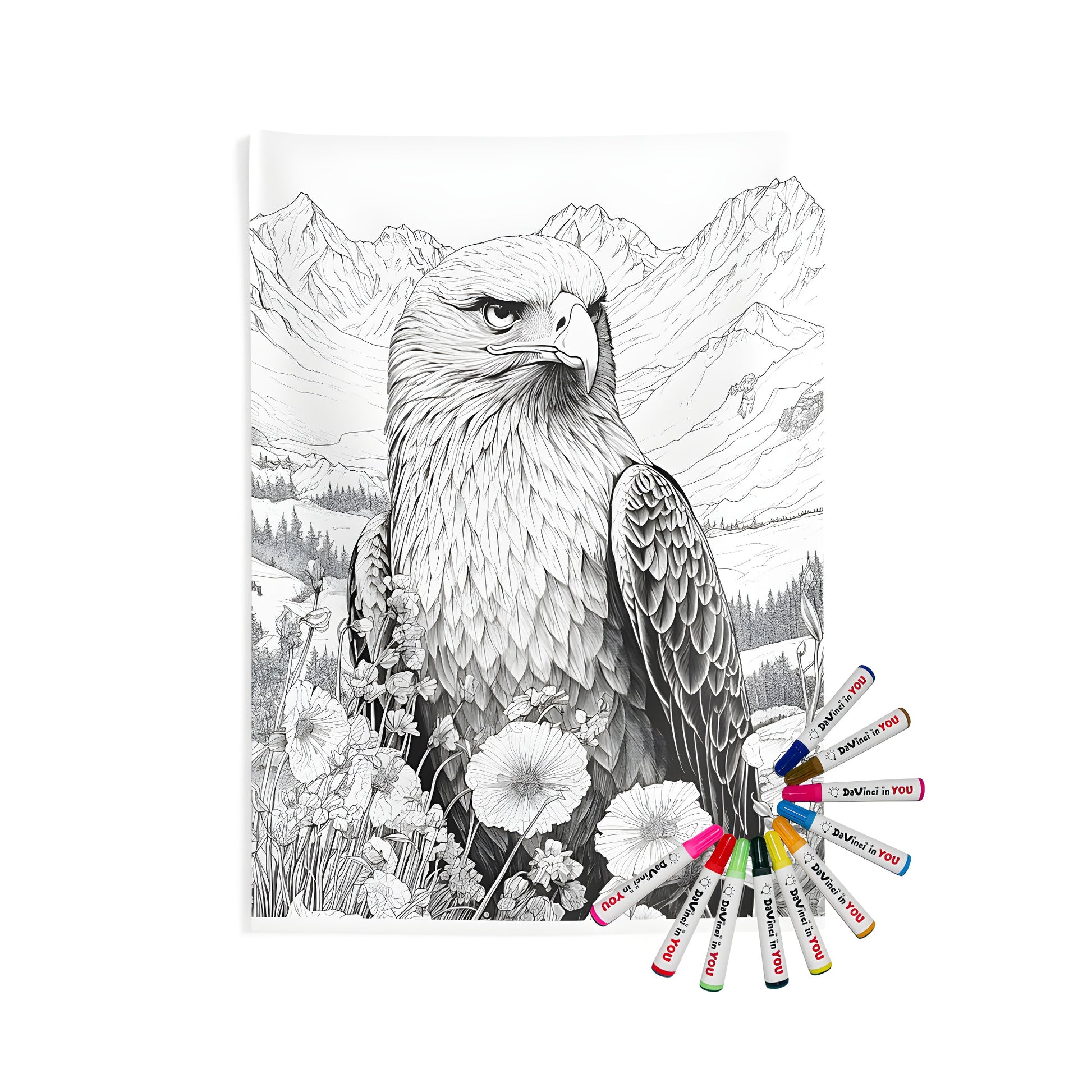 Eagle wall tapestry for home decor, intricate line drawings of birds among flowers and mountains