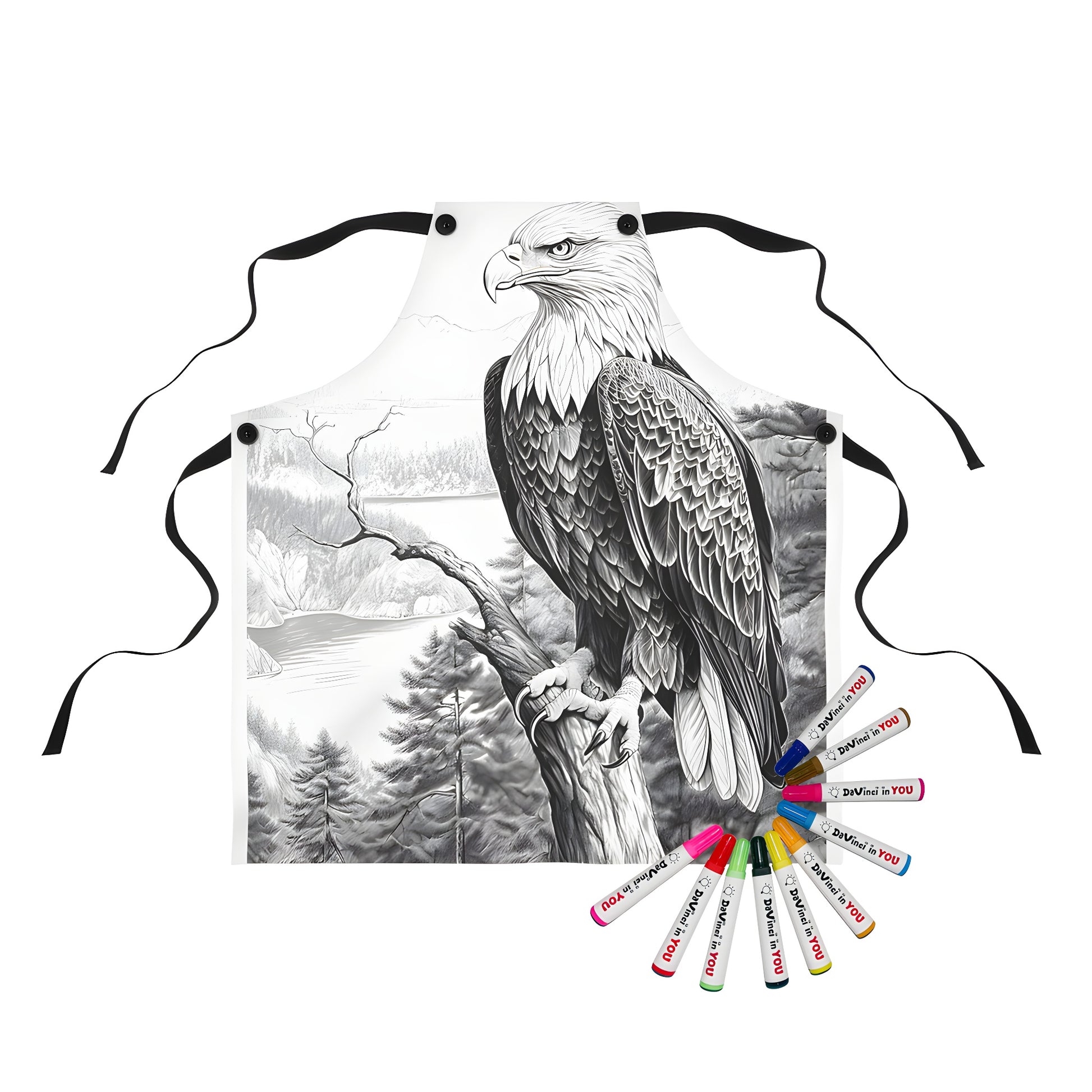 Apron with an Eagle design featuring a majestic bird perched on a tree branch, surrounded by mountains and forest