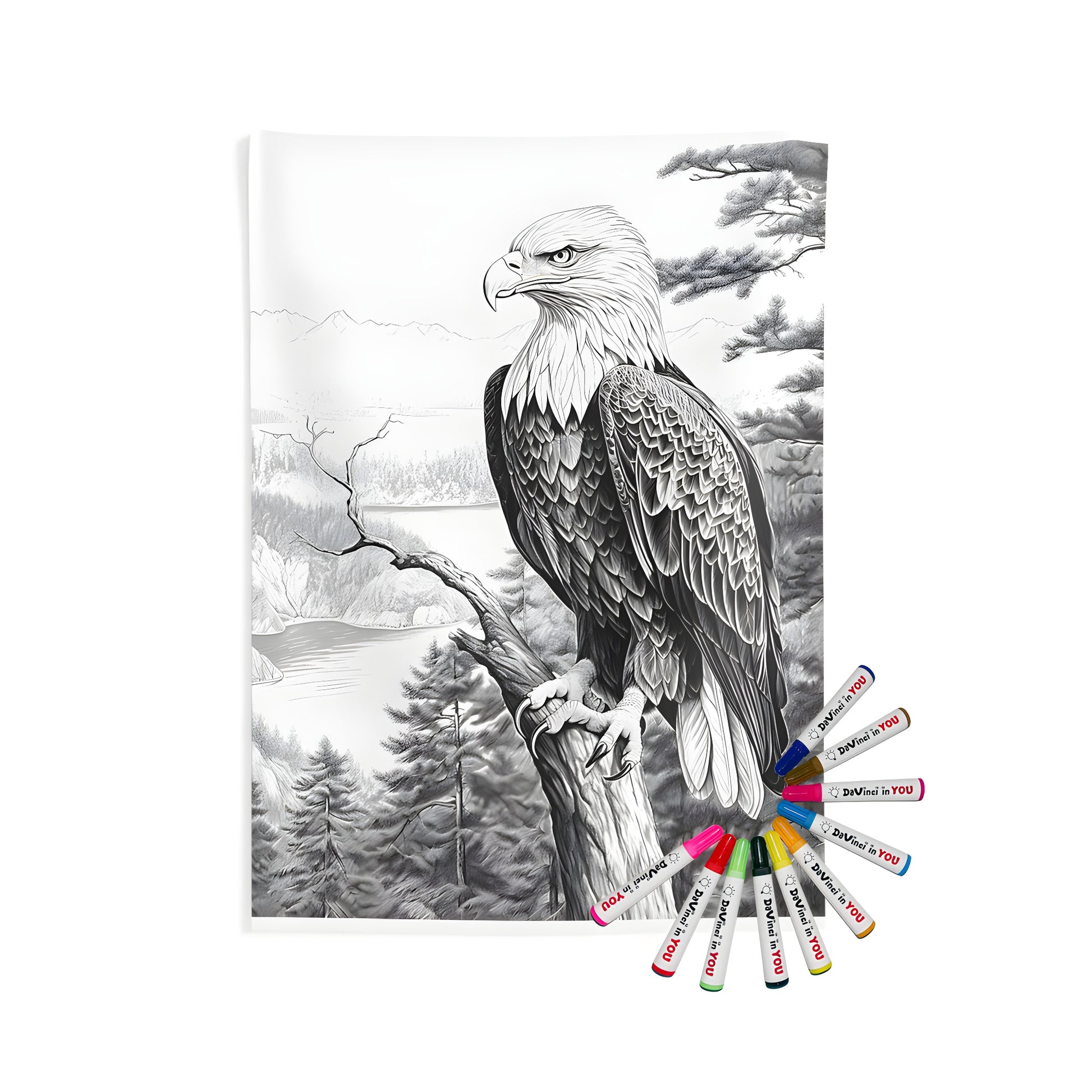 Vibrant indoor wall tapestry featuring a majestic eagle perched on a tree branch, surrounded by mountains and forest. Perfect for home decor enthusiasts and nature lovers.