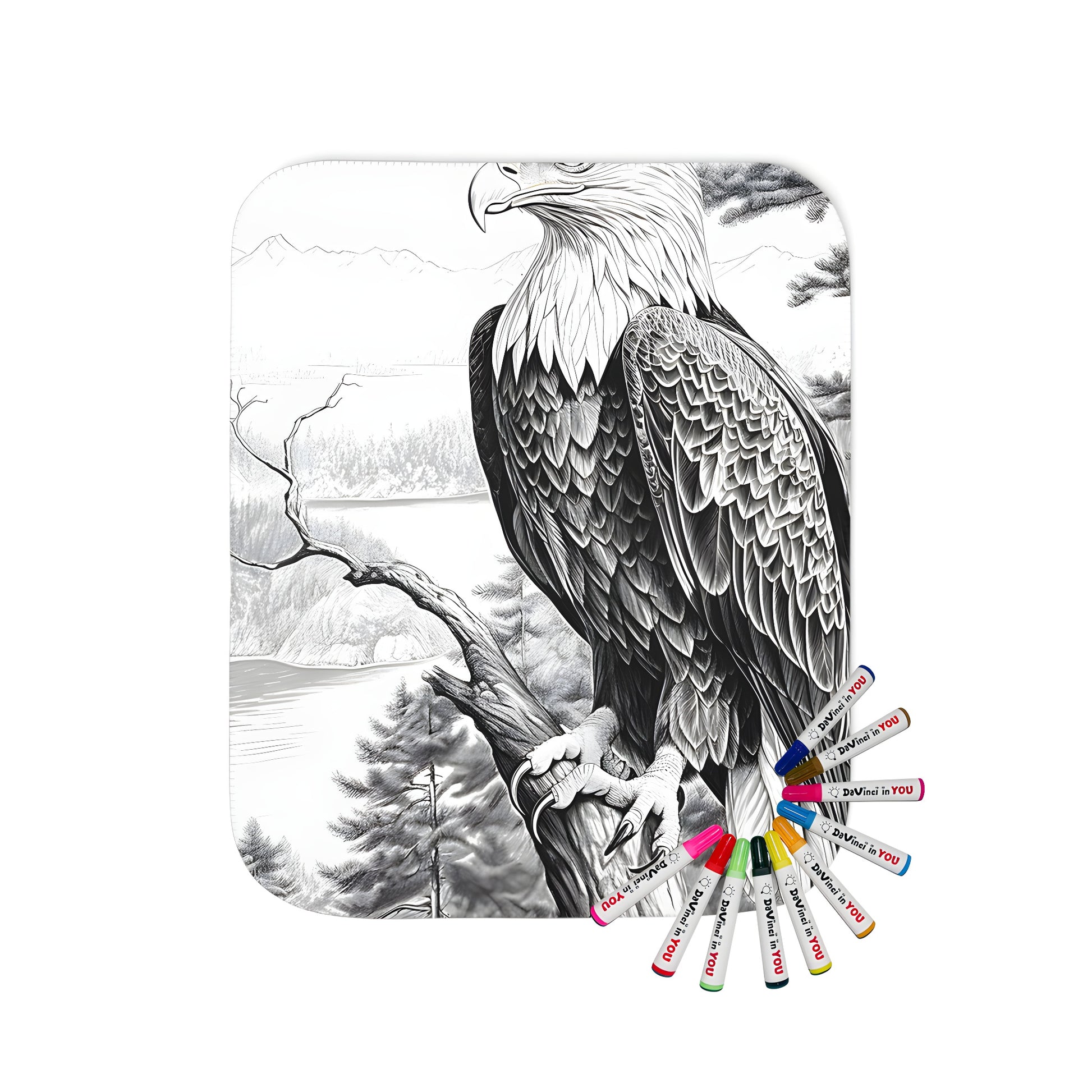 Blanket coloring kit featuring an eagle design, majestic bird perched on tree branch, mountains and forest background