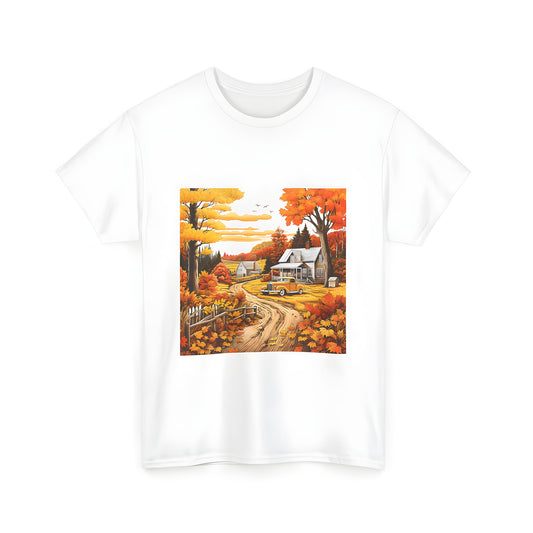 Autumnal landscape t-shirt featuring colorful trees, vintage car, and rustic farmhouse