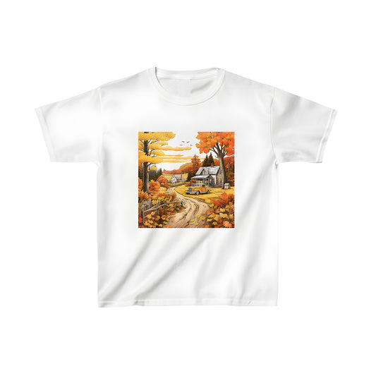 Colorful kid's t-shirt featuring a vibrant autumn scene with trees, a vintage car, and a rustic farmhouse