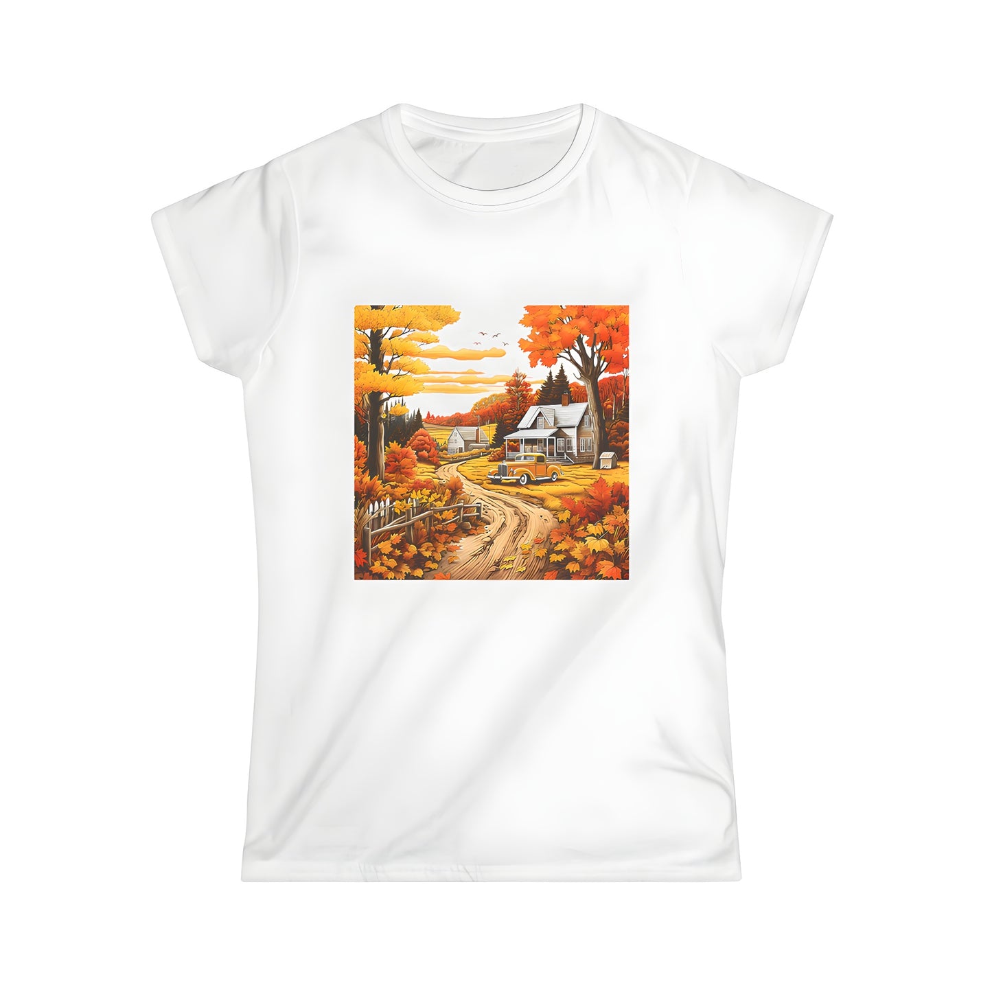 Colorful Women's T-shirt with scenic autumn countryside design, featuring colorful trees, vintage car, and rustic farmhouse