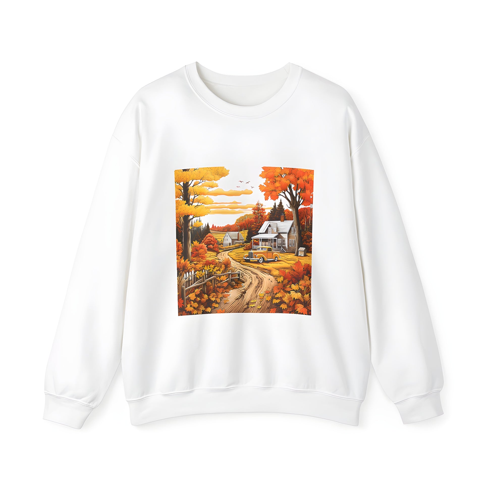 Adult sweatshirt featuring a vibrant autumn landscape with colorful trees, a vintage car, and a rustic farmhouse under a bright sky