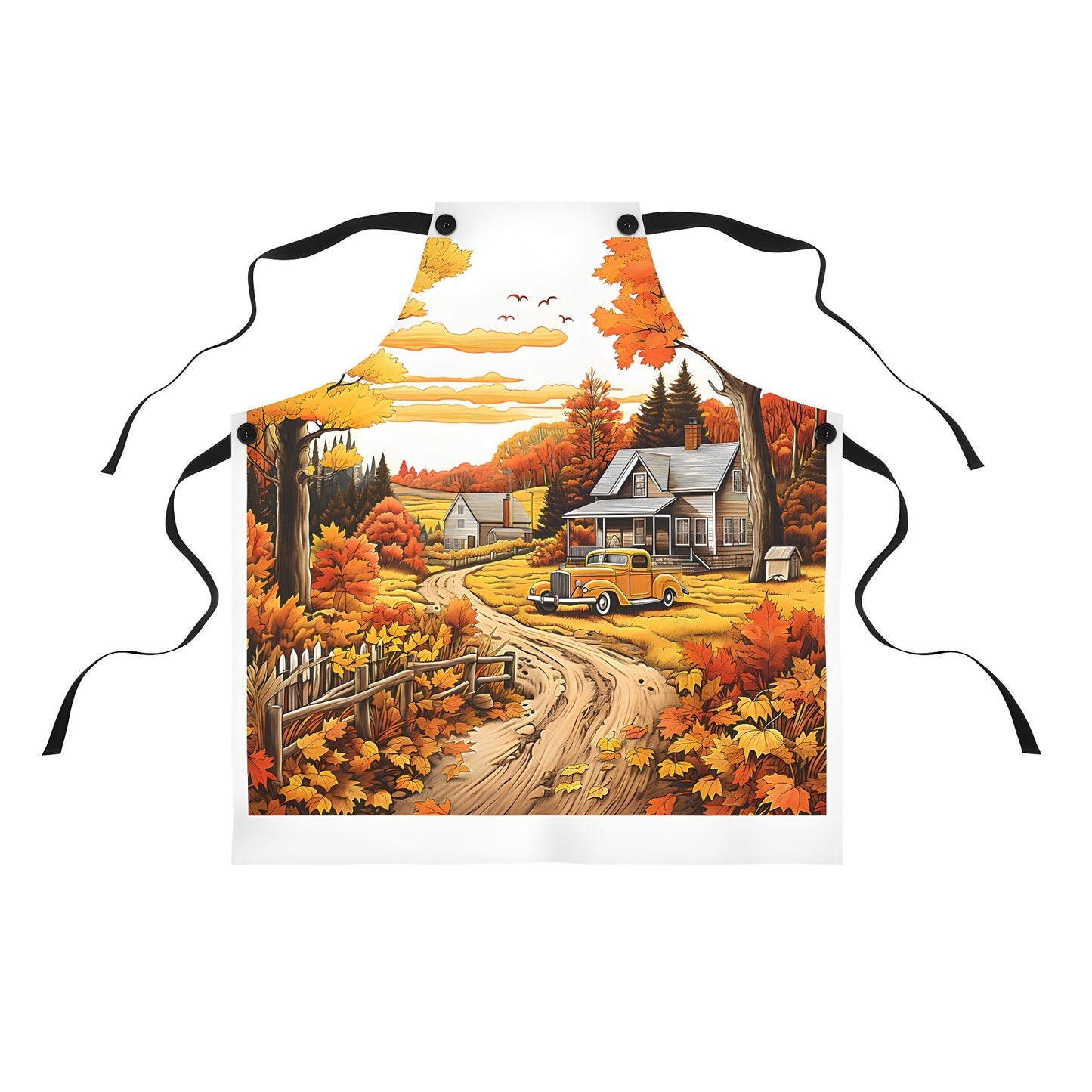 Vintage Apron featuring scenic autumn countryside scene with colorful trees, rusty vintage car and charming farmhouse