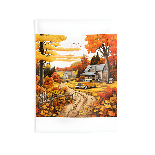 Cozy Indoor Wall Tapestry, Fall Scenery, Autumn Landscape, Country House Print, Vintage Car Decoration, Seasonal Rustic Farmhouse Hanging