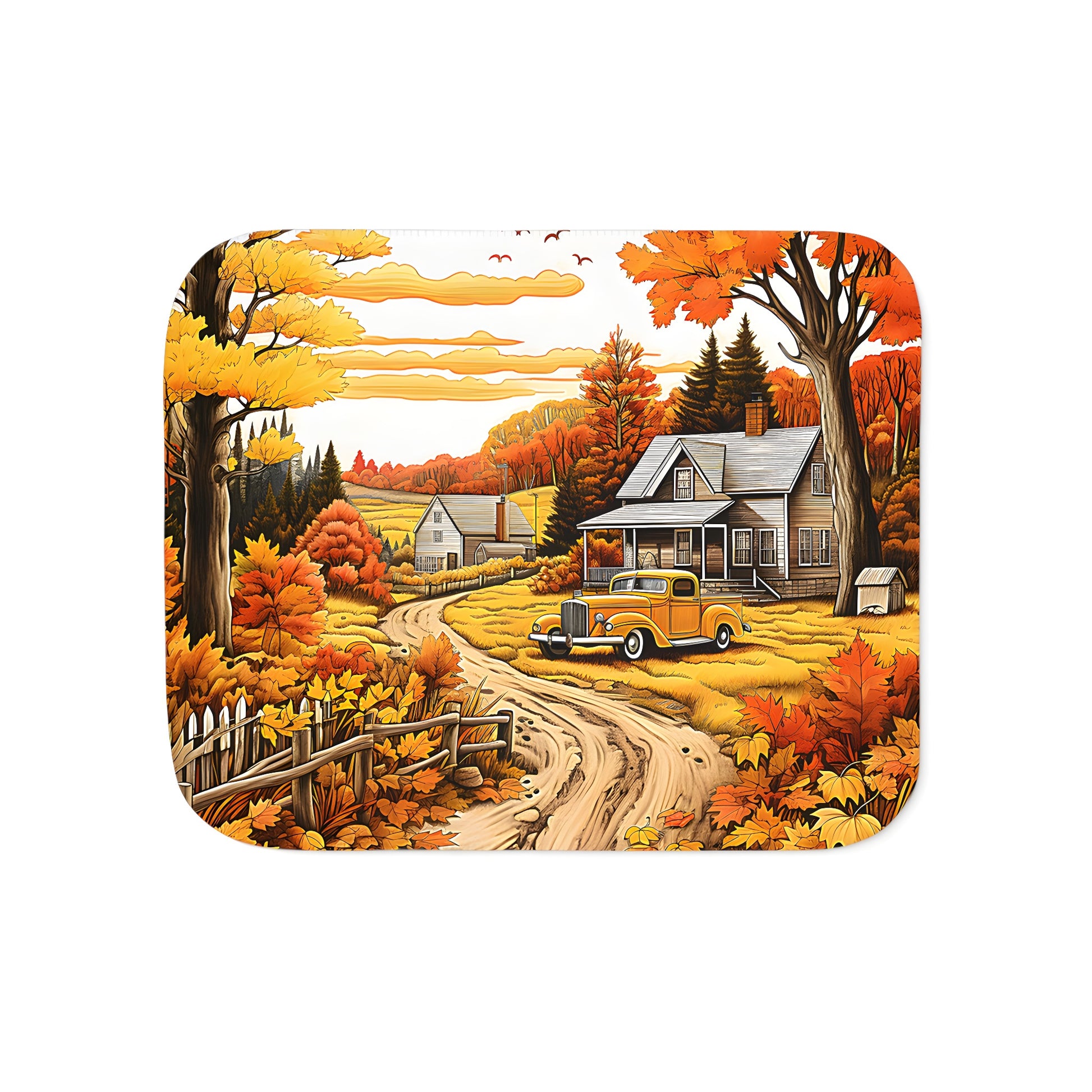 Cozy blanket with a vibrant autumn landscape print featuring a scenic countryside scene with colorful trees, a vintage car, and a rustic farmhouse under a clear blue sky.