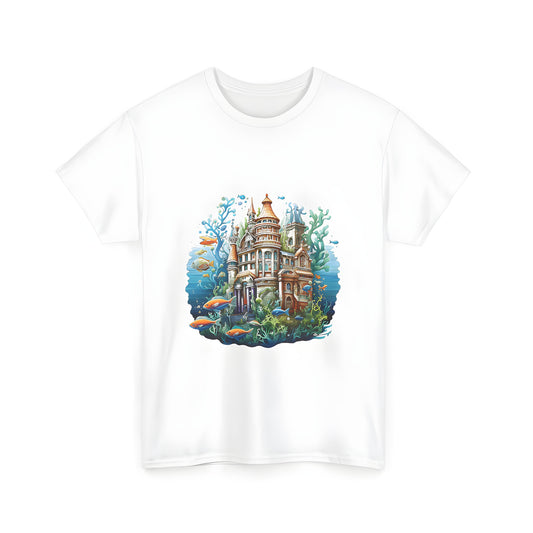 Underwater fantasy castle illustration on a unisex t-shirt