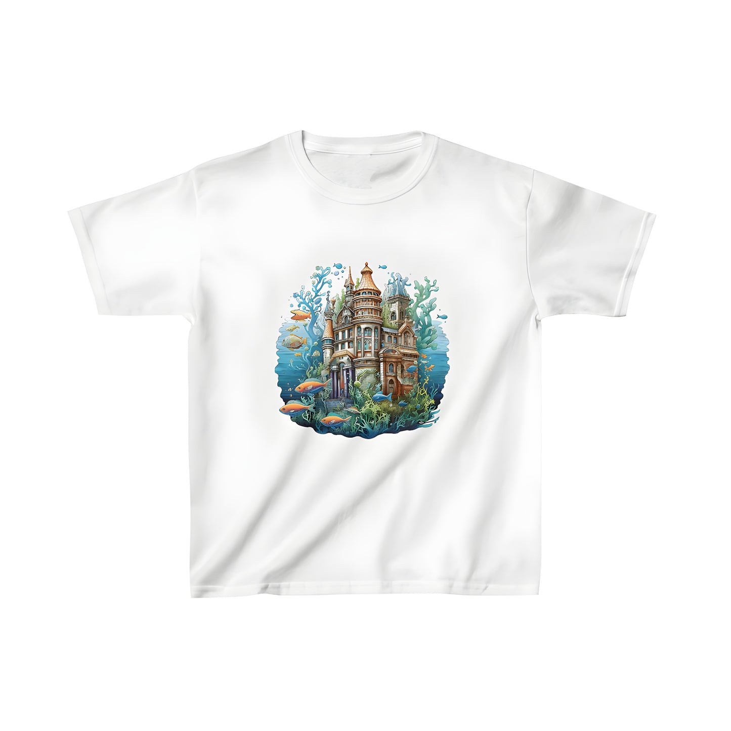 Colorful kid's t-shirt featuring an underwater fantasy castle illustration with fish and seaweed