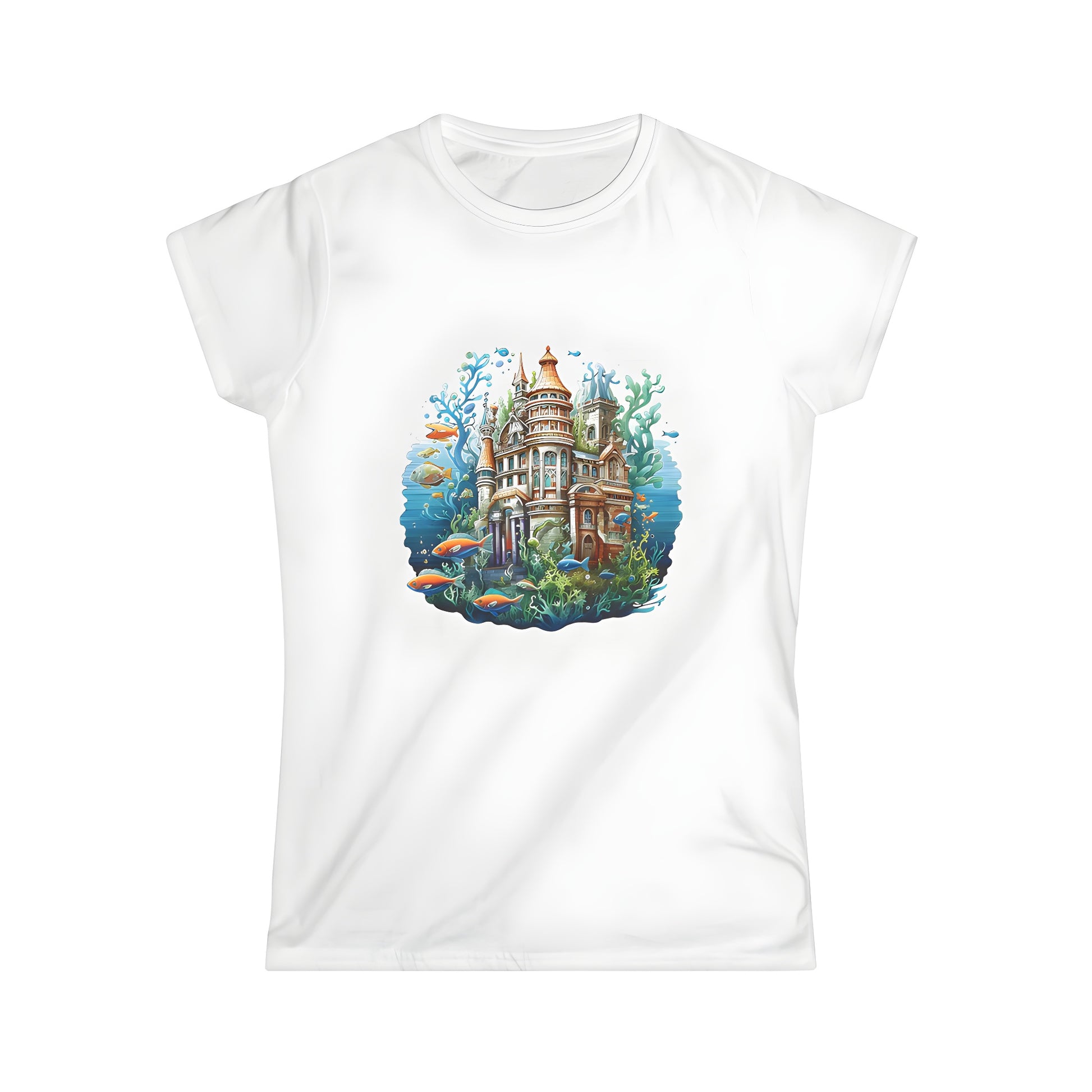 Women's T-Shirt featuring colorful underwater fantasy castle illustration on distressed tee