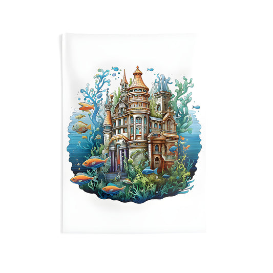 Colorful indoor wall tapestry featuring an underwater fantasy castle design with fish and seaweed. Perfect for beach or coastal themed decor.