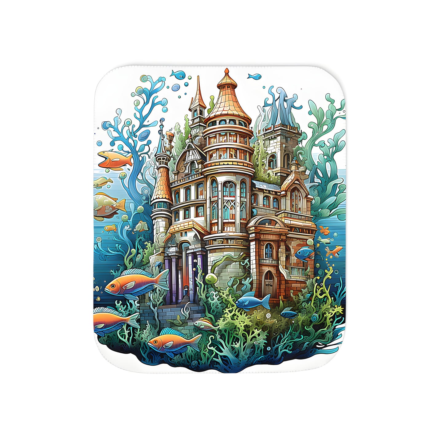 Colorful blanket featuring an enchanting underwater fantasy castle scene with vibrant seaweed and schools of fish.