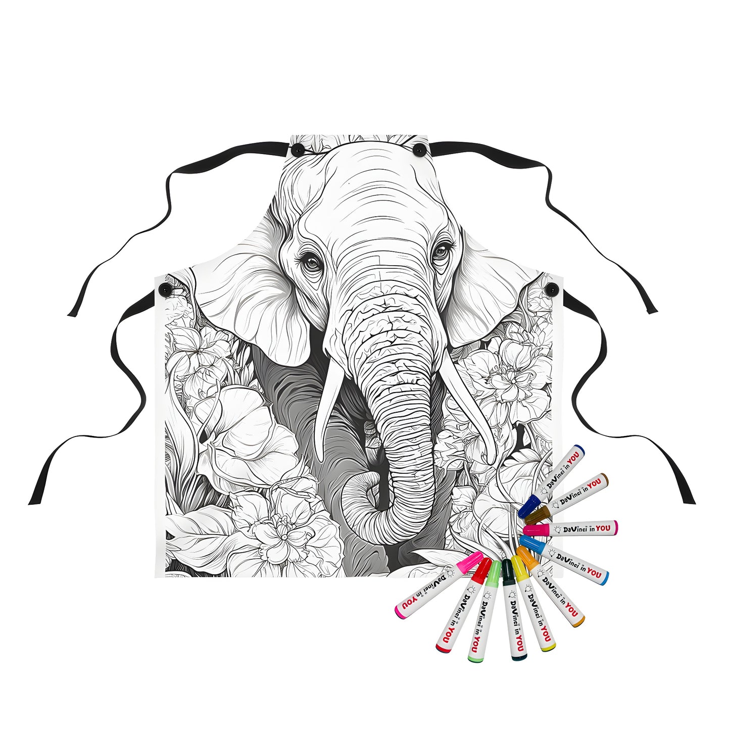 Coloring apron featuring an elephant illustration surrounded by floral patterns