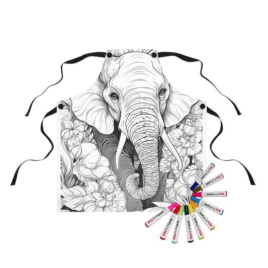 Coloring apron featuring an elephant illustration surrounded by floral patterns