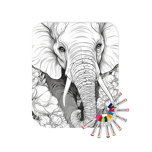 Aesthetic blanket with detailed black and white illustration of an elephant surrounded by vibrant flowers in a lush environment