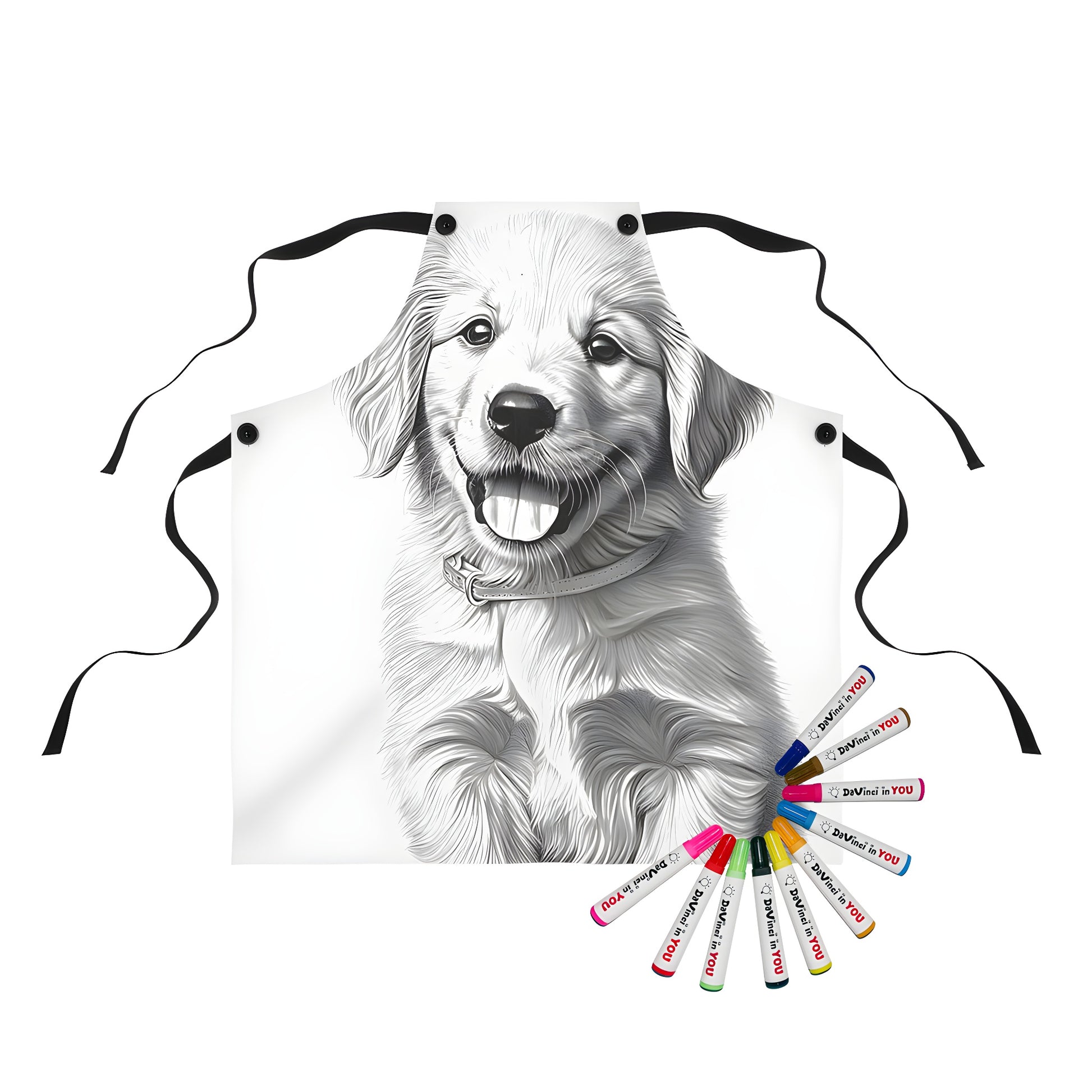 Golden Retriever puppy apron with fun coloring kit and 10 vibrant fabric markers