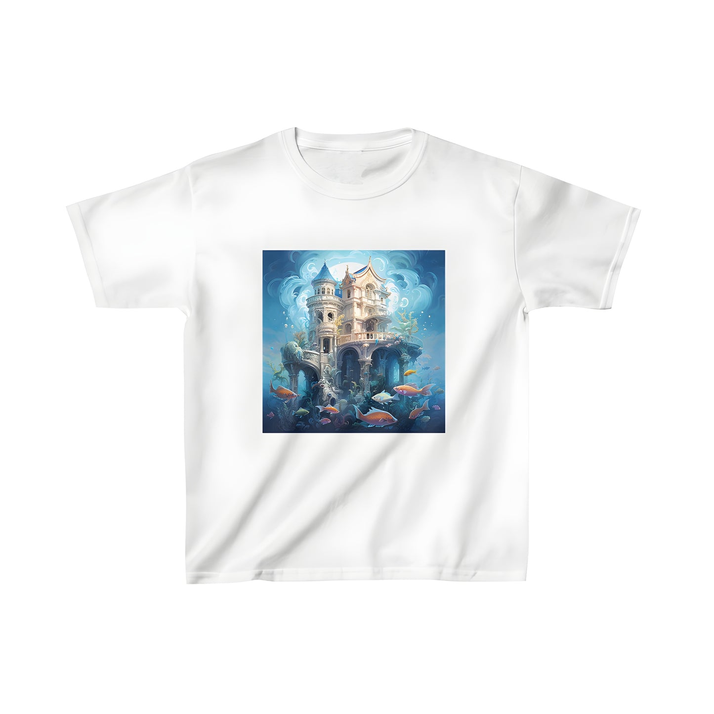 Colorful kid's t-shirt with an underwater fantasy castle design featuring intricate architecture, colorful fish and seaweed in a surreal blue ocean.