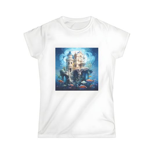 Women's T-shirt featuring an underwater castle design with colorful fish and seaweed