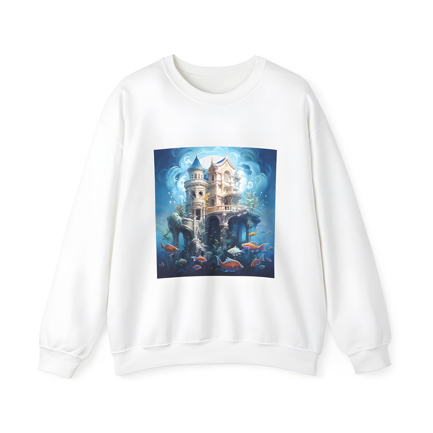 Adult sweatshirt with vibrant underwater fantasy castle design featuring colorful fish and seaweed