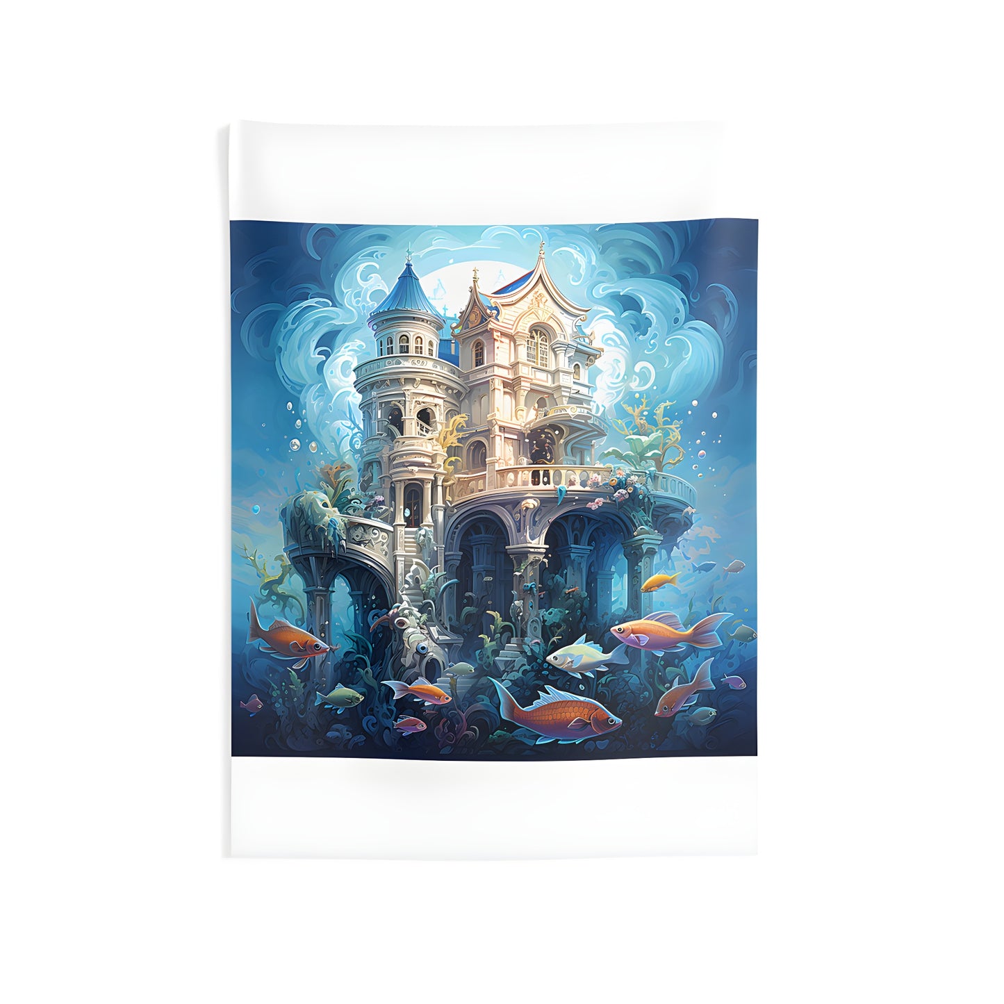 Indoor wall tapestries featuring an underwater castle, fantasy architecture, colorful fish and seaweed in a surreal blue ocean.