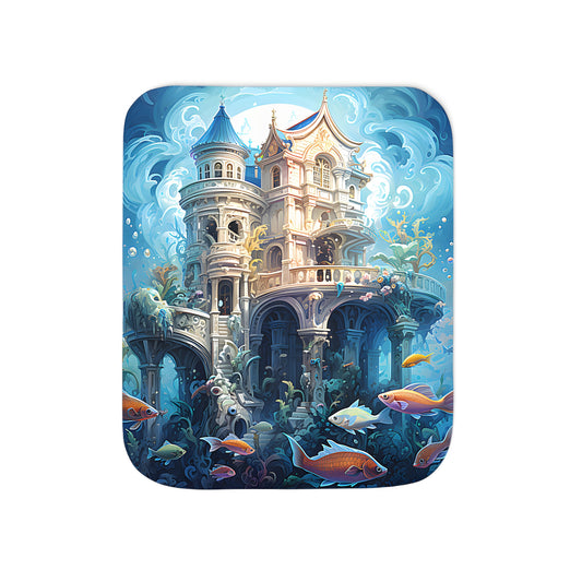 Colorful blanket featuring an enchanting underwater castle scene with intricate architecture and lively sea creatures