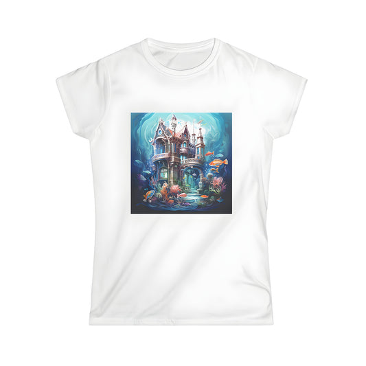 Colorful Women's T-shirt with enchanting underwater castle design featuring ornate architecture, vibrant fish, and coral formations