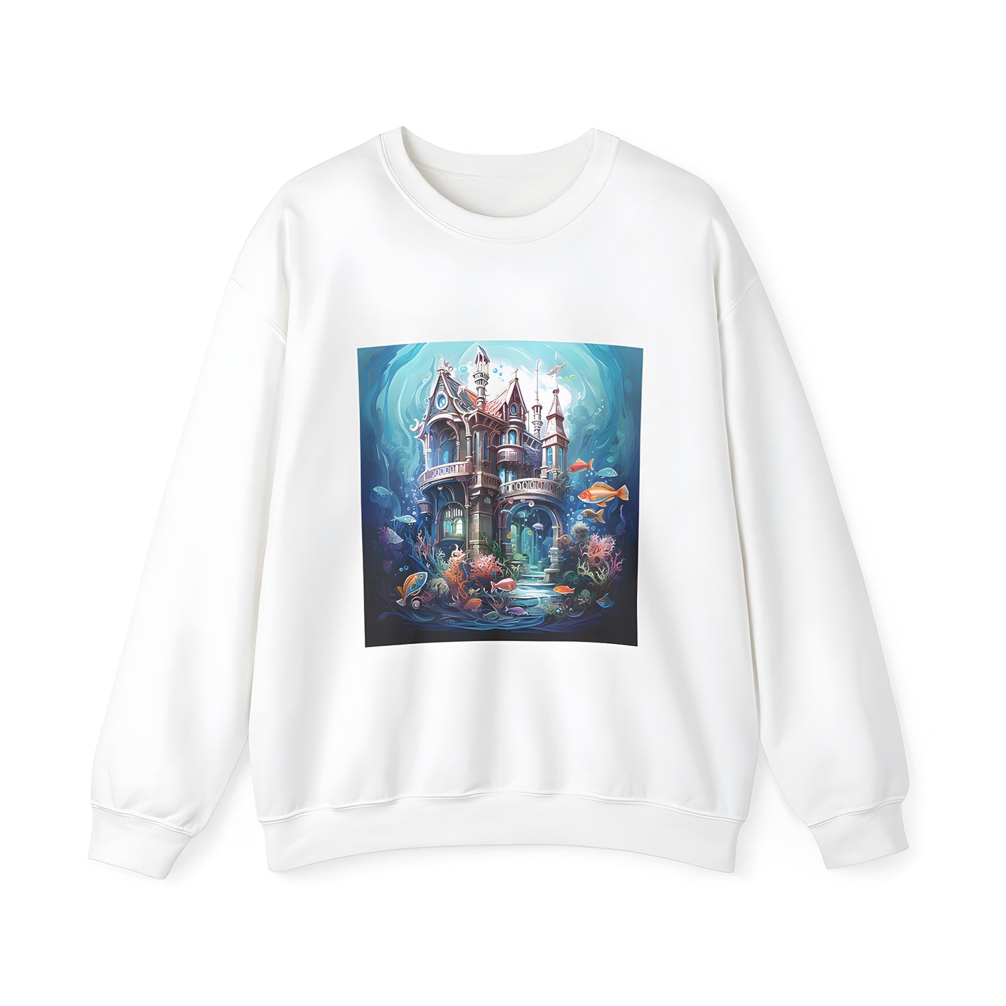 Adult Sweatshirt featuring a whimsical underwater castle design with colorful fish and coral