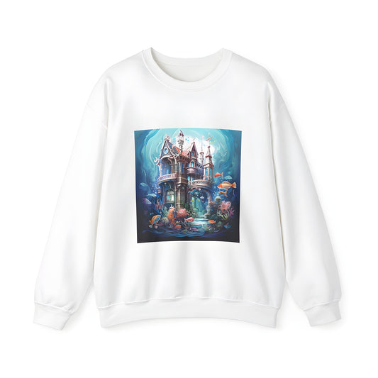 Adult Sweatshirt featuring a whimsical underwater castle design with colorful fish and coral